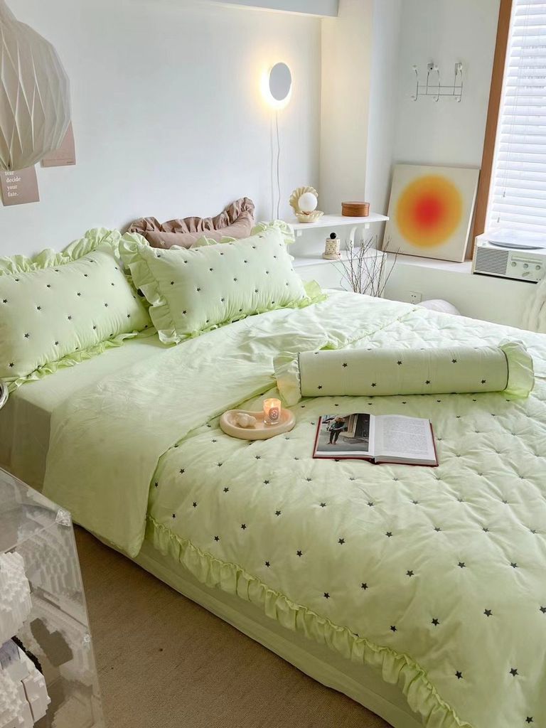 Bộ Vỏ Chăn Ga Gối Cotton Linen - Đũi Hàn Quốc thêu chấm sao điệu đà mầu xanh Mint