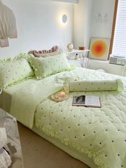Bộ Vỏ Chăn Ga Gối Cotton Linen - Đũi Hàn Quốc thêu chấm sao điệu đà mầu xanh Mint