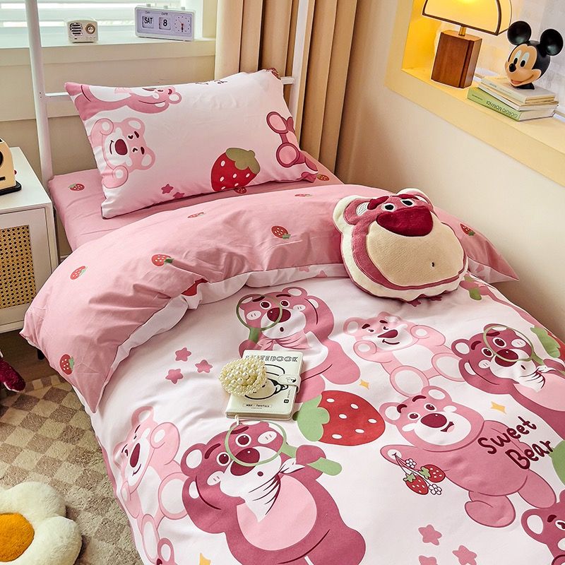 4Pcs Cotton Disney Beddingset Case Pink Bear and Strawberries