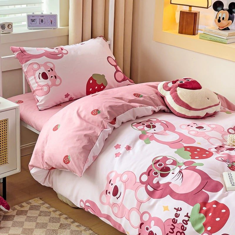 4Pcs Cotton Disney Beddingset Case Pink Bear and Strawberries
