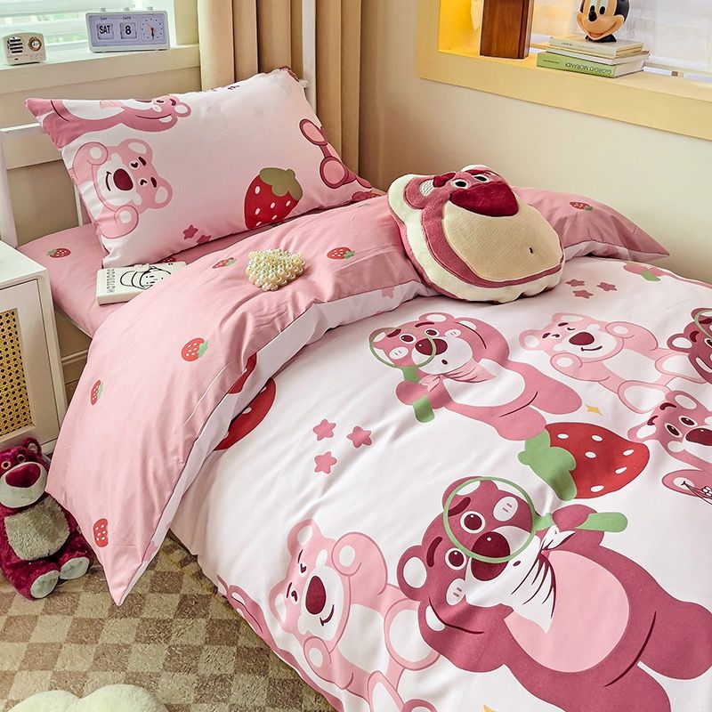 4Pcs Cotton Disney Beddingset Case Pink Bear and Strawberries