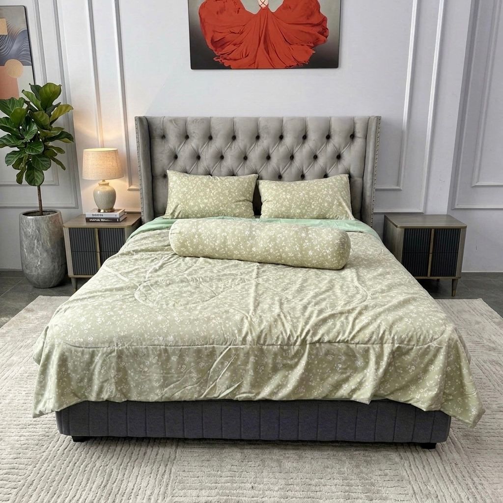 Bộ Chăn Ga chần hè Mint Bạc Hà Linen Mark De'Paris ID: 5PCSMINTLINEN