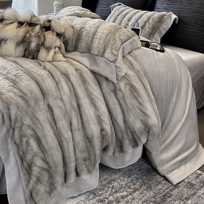Warm Winter New Arrival Lovewe | 4Pcs Cover Luxury Bed Set Velvet Milk 380gram | ID02 Color LightGray Wood Grain