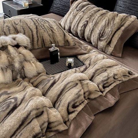 Winter New Arrival Lovewe | 4Pcs Cover Luxury Bed Set Velvet Milk 380gram | ID03 Color Dark Brown Wood Grain