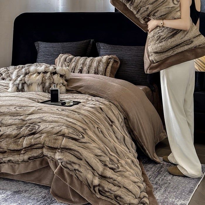 Winter New Arrival Lovewe | 4Pcs Cover Luxury Bed Set Velvet Milk 380gram | ID03 Color Dark Brown Wood Grain