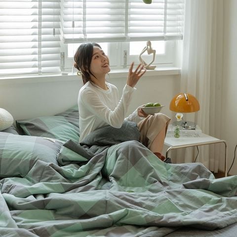 BCG CHẦN HÈ COTTON ĐŨI NHẬT NOORDIC KẺ Ô XANH MIX GHI - TRẢI NGHIỆM PHÒNG NGỦ NHẬT BẢN