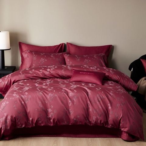 Mark Cross Wedding Bedset (4pcs) 140S Lụa Tơ Tằm Dệt Hoa Cưới Burgundy