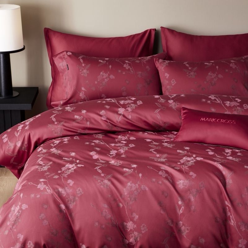 Mark Cross Wedding Bedset (4pcs) 140S Lụa Tơ Tằm Dệt Hoa Cưới Burgundy
