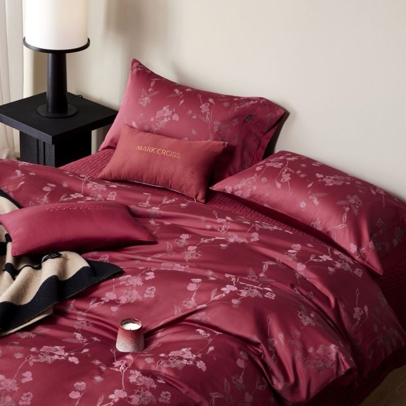 Mark Cross Wedding Bedset (4pcs) 140S Lụa Tơ Tằm Dệt Hoa Cưới Burgundy