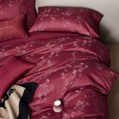 Mark Cross Wedding Bedset (4pcs) 140S Lụa Tơ Tằm Dệt Hoa Cưới Burgundy