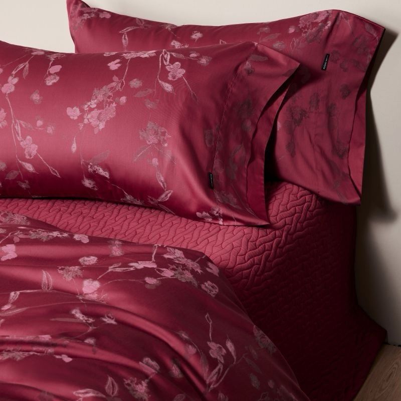 Mark Cross Wedding Bedset (4pcs) 140S Lụa Tơ Tằm Dệt Hoa Cưới Burgundy