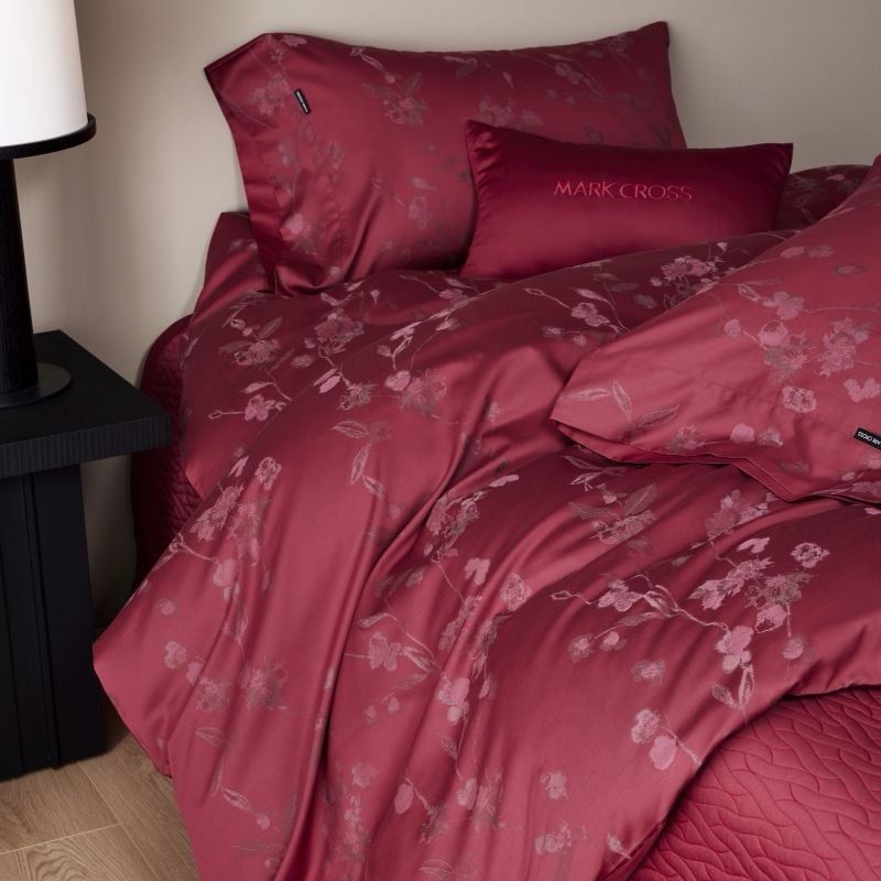 Mark Cross Wedding Bedset (4pcs) 140S Lụa Tơ Tằm Dệt Hoa Cưới Burgundy