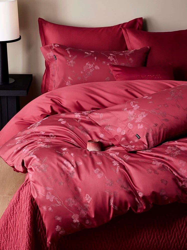Mark Cross Wedding Bedset (4pcs) 140S Lụa Tơ Tằm Dệt Hoa Cưới Burgundy