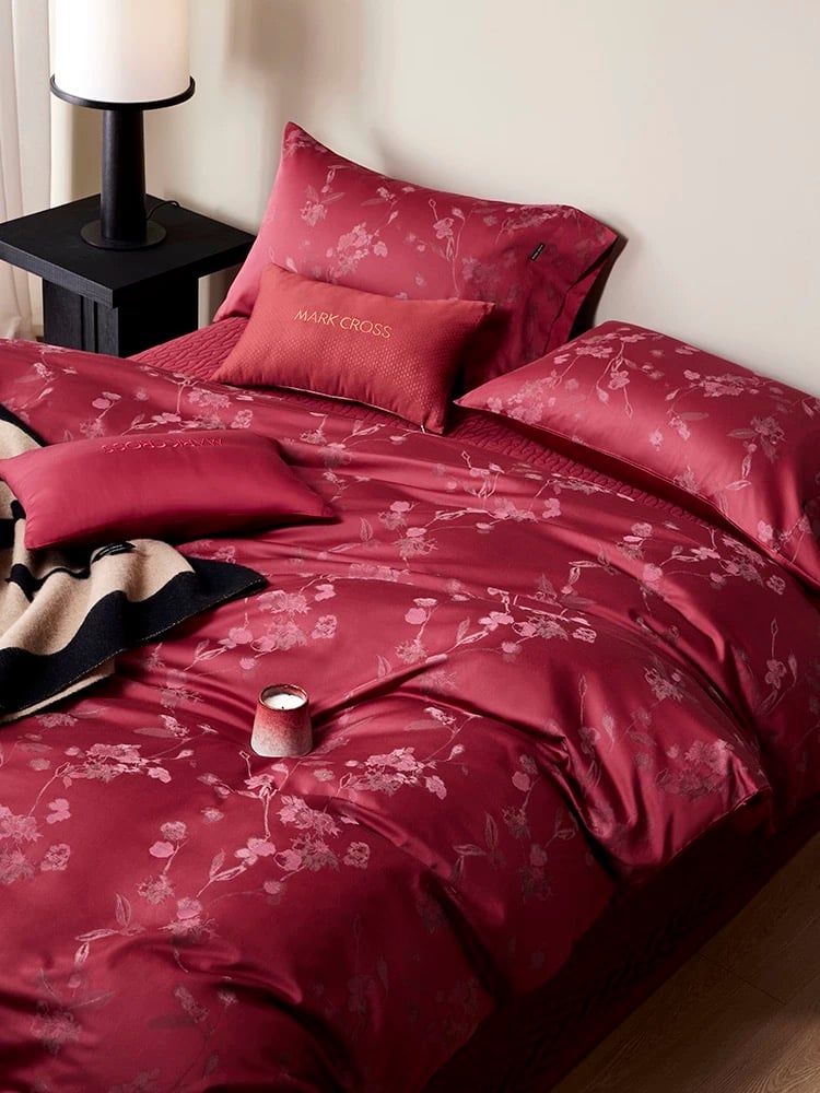 Mark Cross Wedding Bedset (4pcs) 140S Lụa Tơ Tằm Dệt Hoa Cưới Burgundy