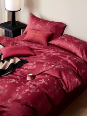 Mark Cross Wedding Bedset (4pcs) 140S Lụa Tơ Tằm Dệt Hoa Cưới Burgundy