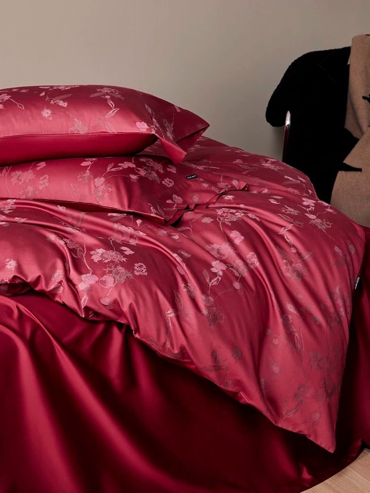 Mark Cross Wedding Bedset (4pcs) 140S Lụa Tơ Tằm Dệt Hoa Cưới Burgundy