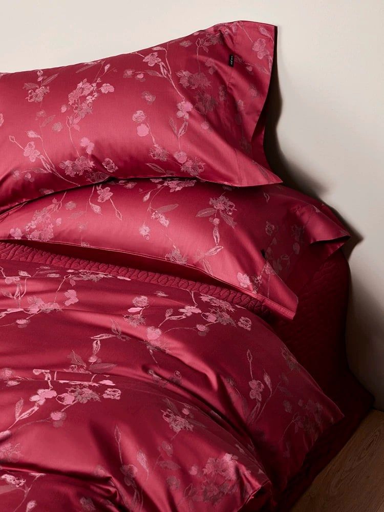 Mark Cross Wedding Bedset (4pcs) 140S Lụa Tơ Tằm Dệt Hoa Cưới Burgundy