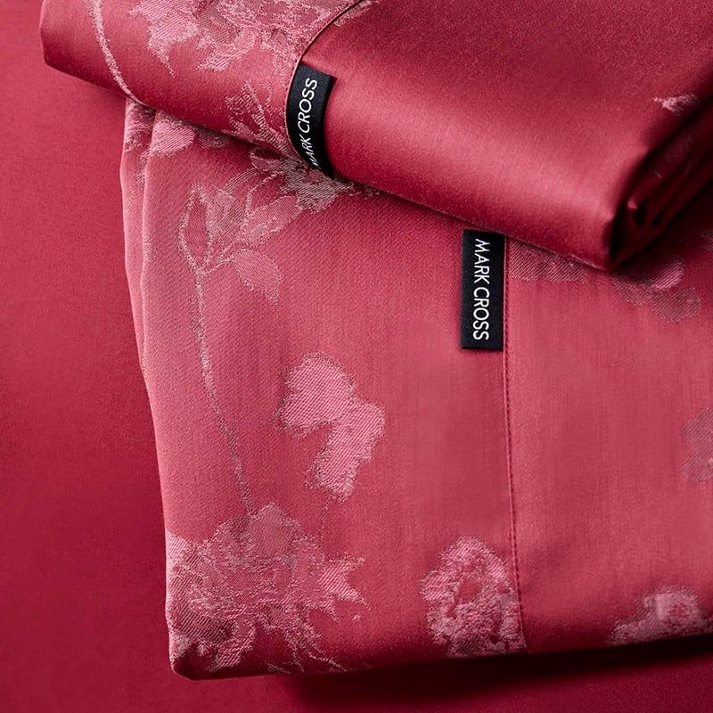 Mark Cross Wedding Bedset (4pcs) 140S Lụa Tơ Tằm Dệt Hoa Cưới Burgundy