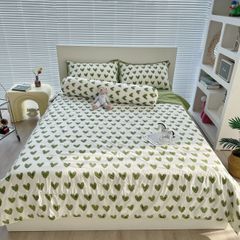 Bộ Chăn Ga Cotton Linen MARK HOME tim xanh Green Heart