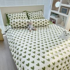 Bộ Chăn Ga Cotton Linen MARK HOME tim xanh Green Heart
