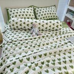 Bộ Chăn Ga Cotton Linen MARK HOME tim xanh Green Heart