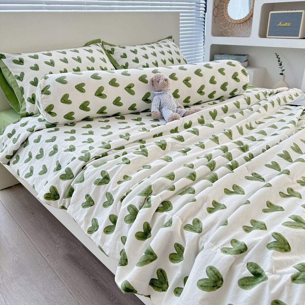 Bộ Chăn Ga Cotton Linen MARK HOME tim xanh Green Heart