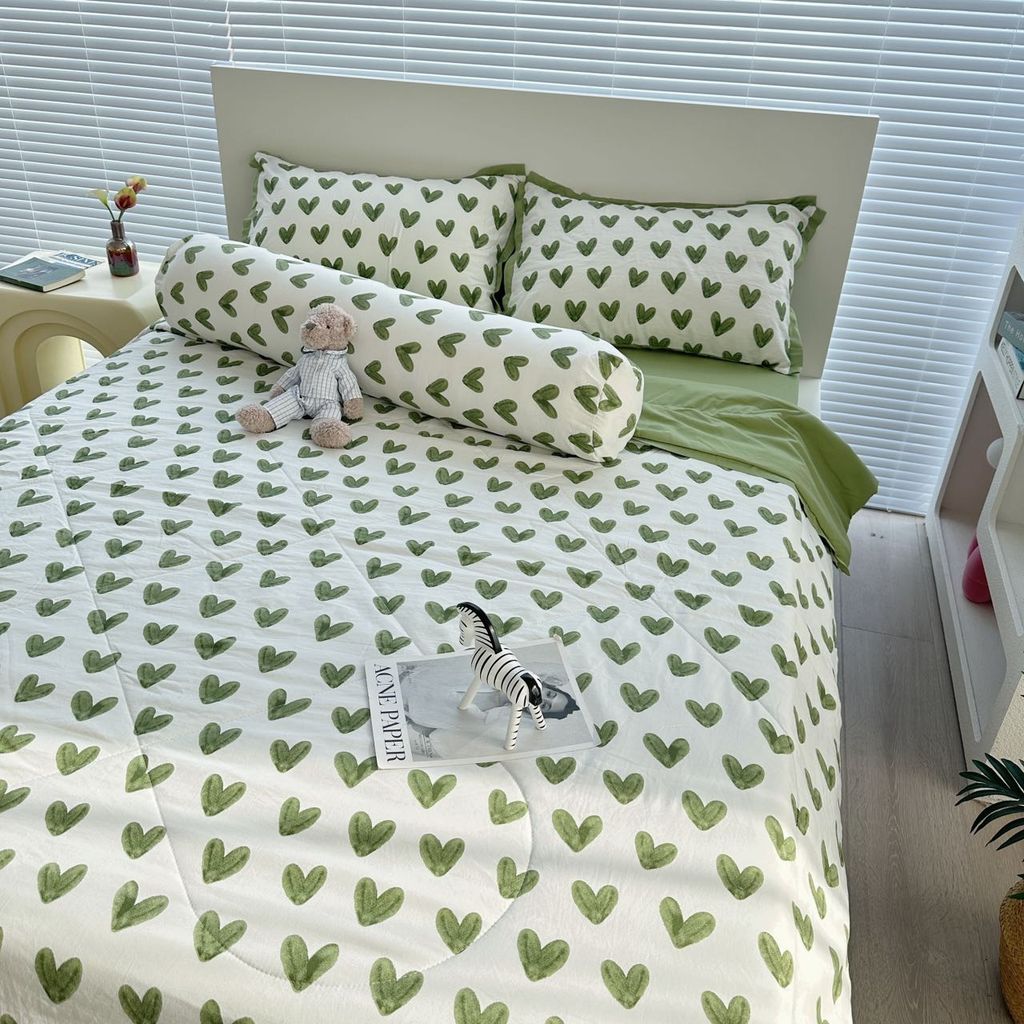 Bộ Chăn Ga Cotton Linen MARK HOME tim xanh Green Heart