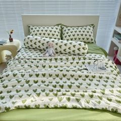 Bộ Chăn Ga Cotton Linen MARK HOME tim xanh Green Heart