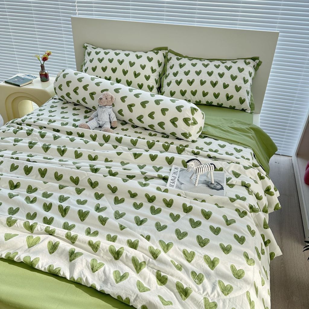 Bộ Chăn Ga Cotton Linen MARK HOME tim xanh Green Heart