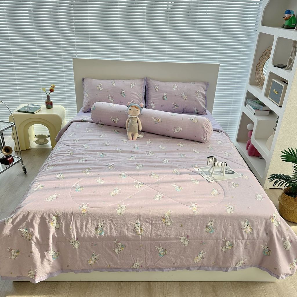 Bộ Chăn Ga Cotton Linen MARK HOME thỏ tím Funny