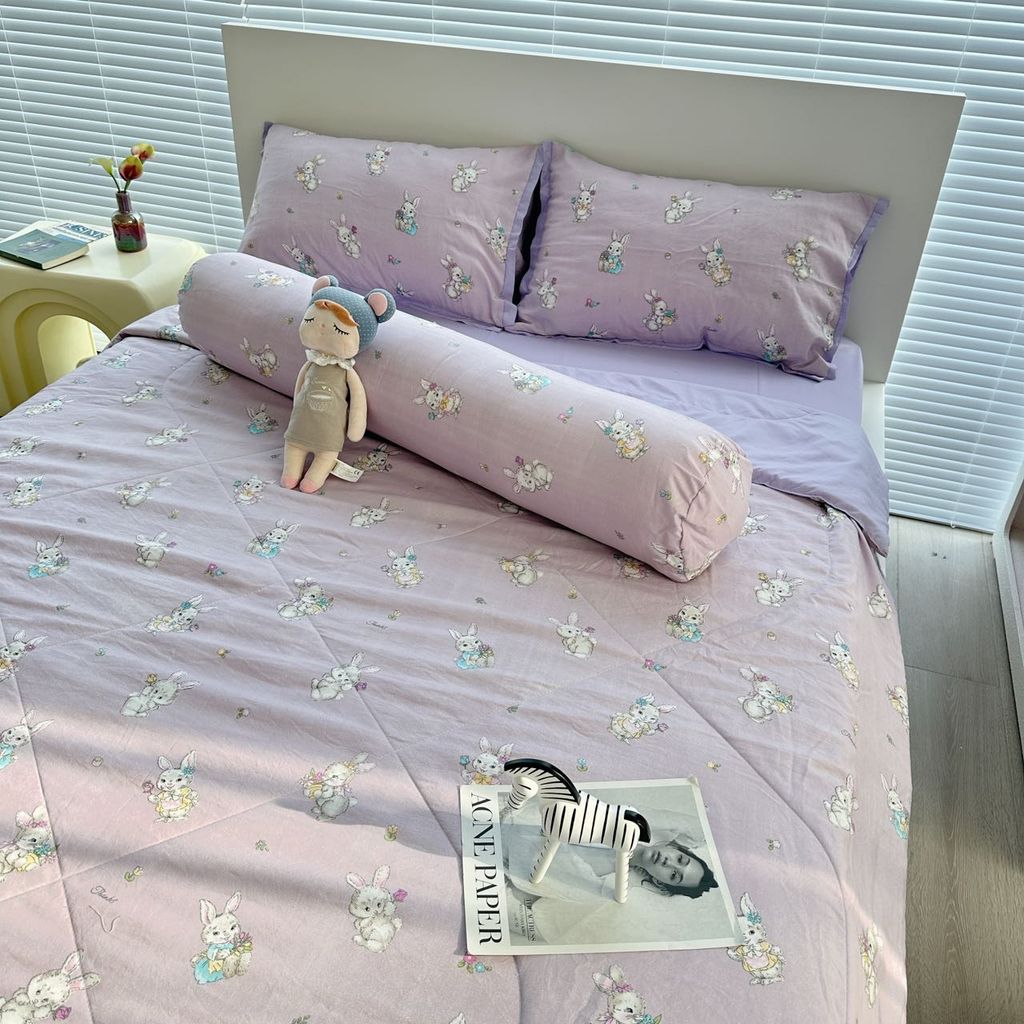 Bộ Chăn Ga Cotton Linen MARK HOME thỏ tím Funny