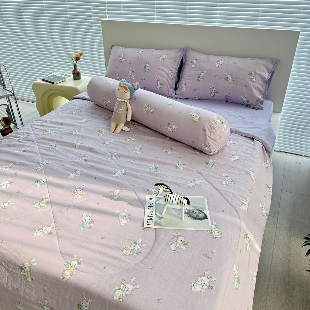 Bộ Chăn Ga Cotton Linen MARK HOME thỏ tím Funny