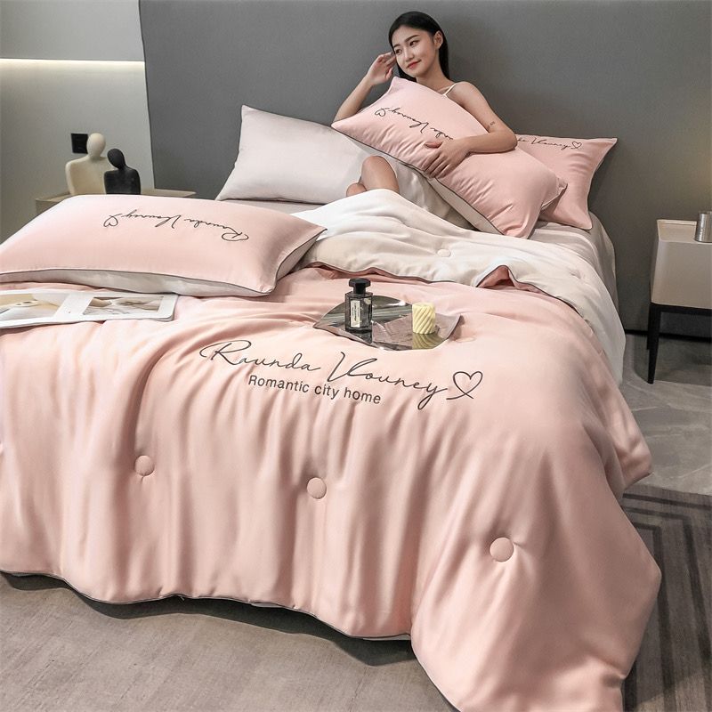 4Pcs Satin Babric | Romantic Love Standard Bedsets Summer Blanket | ID 4PCSROMANLOVE09