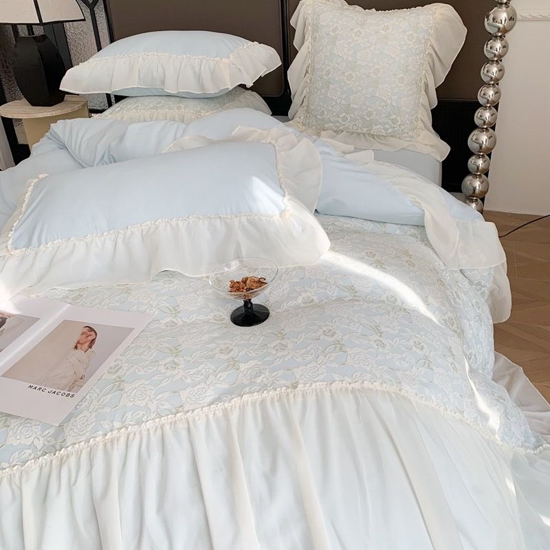 Princess Bedding Set 4pcs x2 Điệu Đà cùng bộ chăn ga Công Chúa đính viền ren cao cấp Pastel Blue
