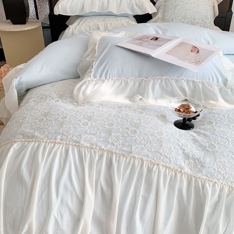 Princess Bedding Set 4pcs x2 Điệu Đà cùng bộ chăn ga Công Chúa đính viền ren cao cấp Pastel Blue