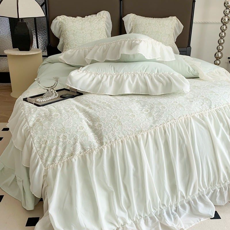 Princess Bedding Set 4pcs x2 Điệu Đà cùng bộ chăn ga Công Chúa đính viền ren cao cấp Jade Green