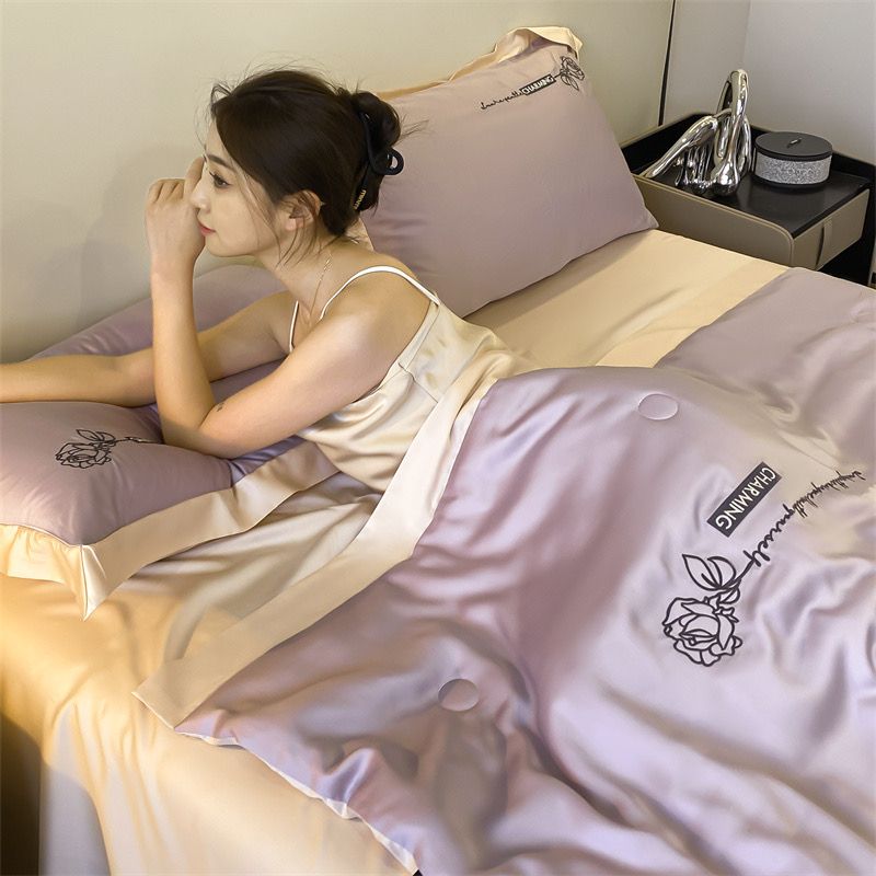 4Pcs Satin Babric | Charming With Love Standard Bedsets Summer Blanket | ID 4PCSSFARBRICCHARWLOVE010