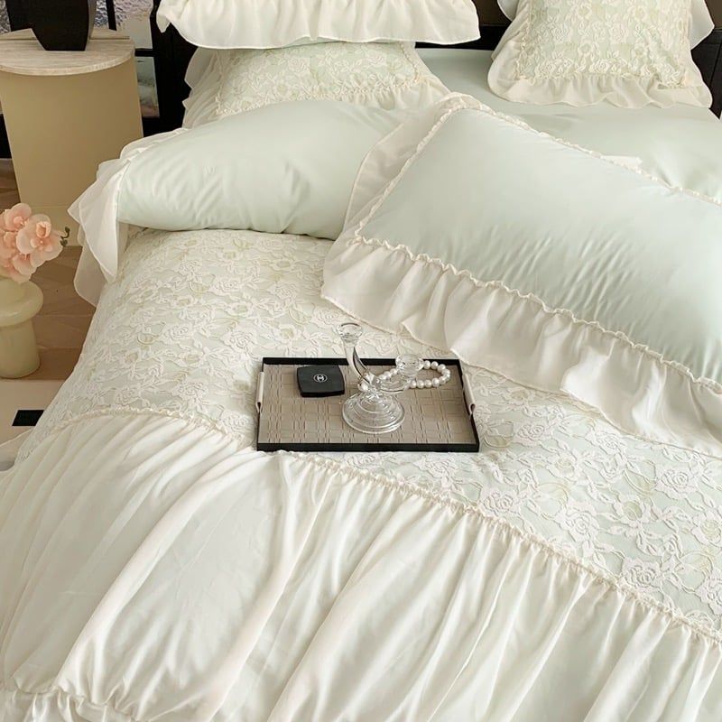 Princess Bedding Set 4pcs x2 Điệu Đà cùng bộ chăn ga Công Chúa đính viền ren cao cấp Jade Green