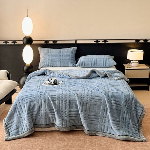 European Union Fur Wool Blanket | 3D Embossed Checkered Plus Design | 230*200cm (1.6kg) | Blue Sea
