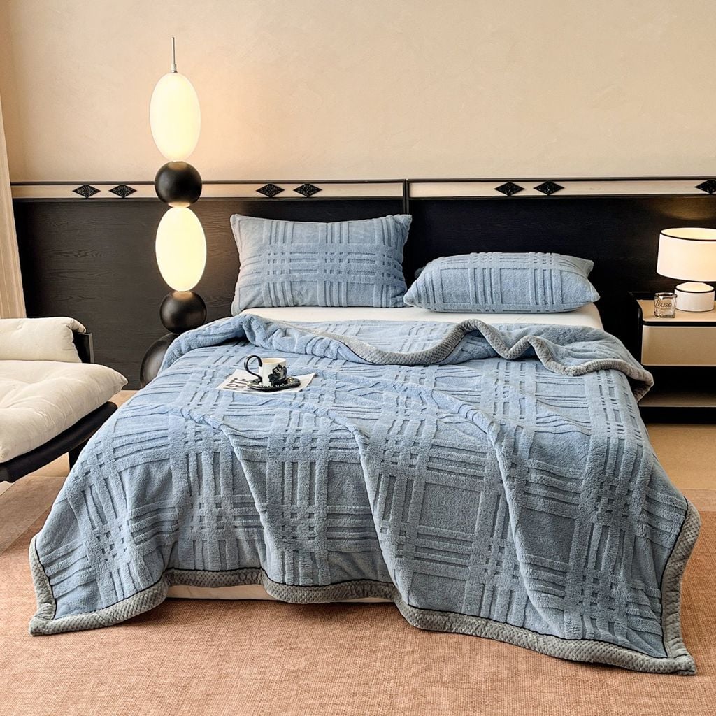 European Union Fur Wool Blanket | 3D Embossed Checkered Plus Design | 230*200cm (1.6kg) | Blue Sea