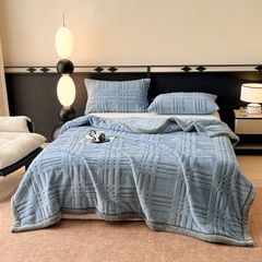 European Union Fur Wool Blanket | 3D Embossed Checkered Plus Design | 230*200cm (1.6kg) | Blue Sea