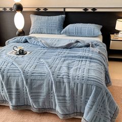 European Union Fur Wool Blanket | 3D Embossed Checkered Plus Design | 230*200cm (1.6kg) | Blue Sea
