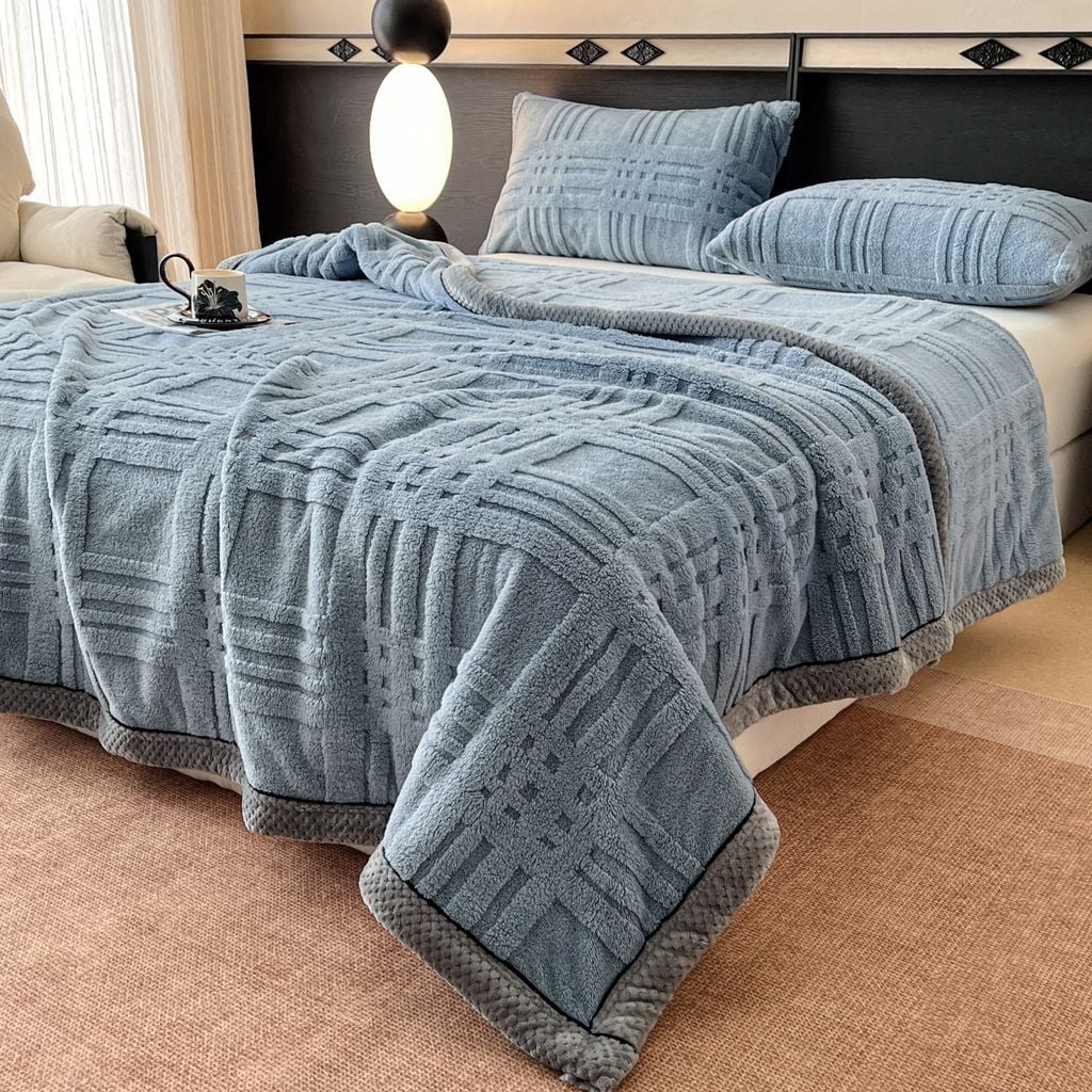 European Union Fur Wool Blanket | 3D Embossed Checkered Plus Design | 230*200cm (1.6kg) | Blue Sea
