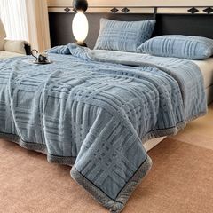 European Union Fur Wool Blanket | 3D Embossed Checkered Plus Design | 230*200cm (1.6kg) | Blue Sea
