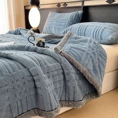 European Union Fur Wool Blanket | 3D Embossed Checkered Plus Design | 230*200cm (1.6kg) | Blue Sea
