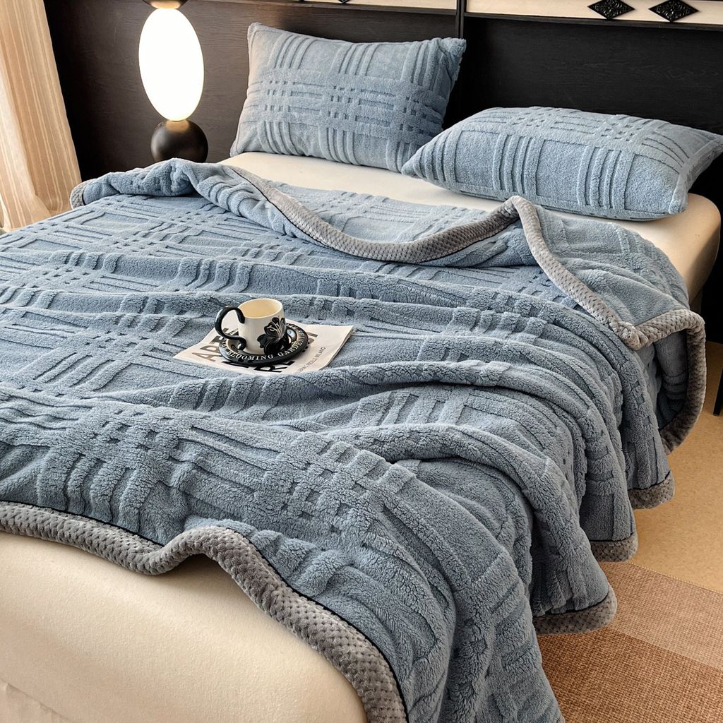 European Union Fur Wool Blanket | 3D Embossed Checkered Plus Design | 230*200cm (1.6kg) | Blue Sea