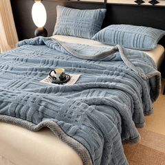 European Union Fur Wool Blanket | 3D Embossed Checkered Plus Design | 230*200cm (1.6kg) | Blue Sea