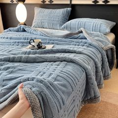 European Union Fur Wool Blanket | 3D Embossed Checkered Plus Design | 230*200cm (1.6kg) | Blue Sea