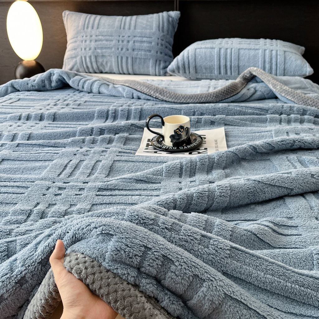 European Union Fur Wool Blanket | 3D Embossed Checkered Plus Design | 230*200cm (1.6kg) | Blue Sea