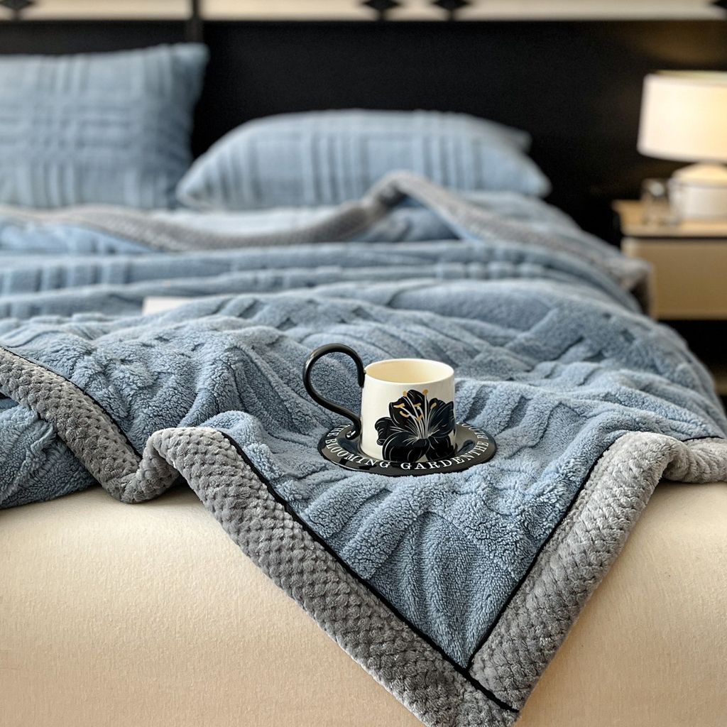 European Union Fur Wool Blanket | 3D Embossed Checkered Plus Design | 230*200cm (1.6kg) | Blue Sea